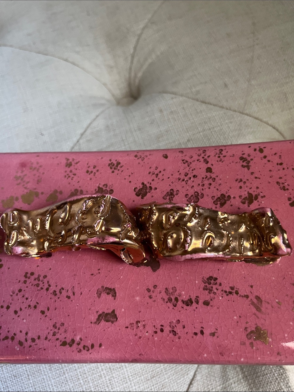 Vintage Hollywood Regency Pink Gold Metallic Handle Specs Jewelry Trinket Box - Picture 14 of 16